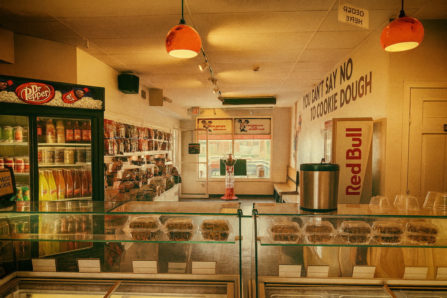 Inside Cookie Dough Creations, with the dessert case, candy wall, and a hanging sign reading you can't say no to cookie dough
