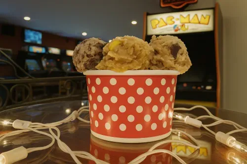 A red polka-dot cup of three cookie dough scoops on a lit table under the Pac-Man sign