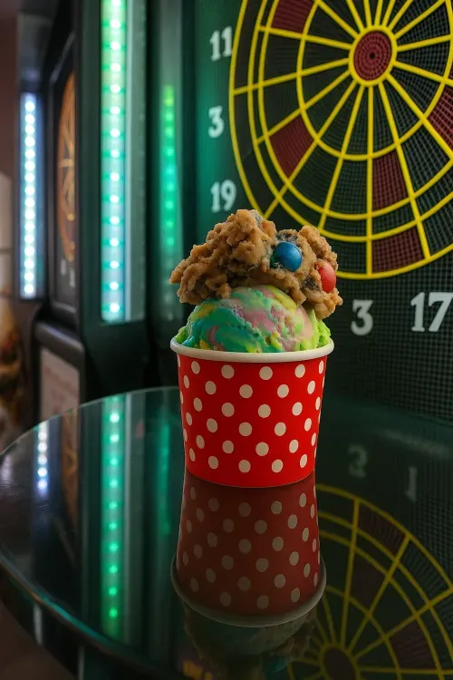 Superman ice cream topped with a scoop of M&M cookie dough beside a glowing dartboard