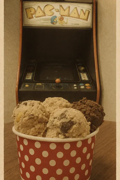 A cup of cookie dough scoops in front of a vintage Pac-Man arcade cabinet