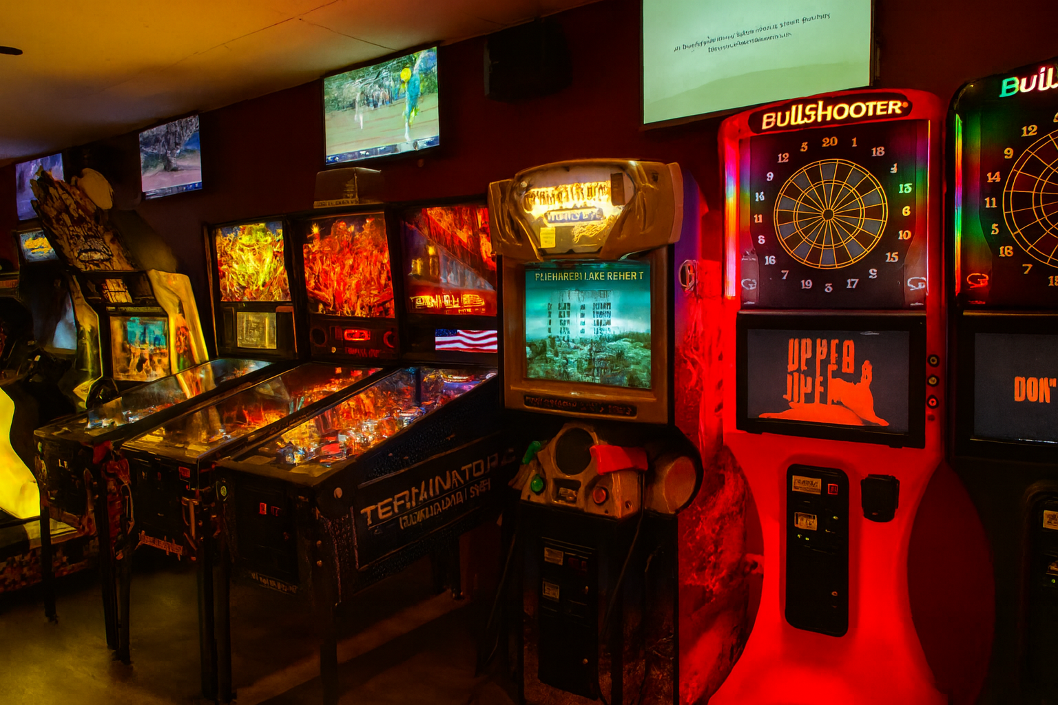 Pinball machines, arcade cabinets and electronic dart boards glowing in the Cookie Dough Creations game room