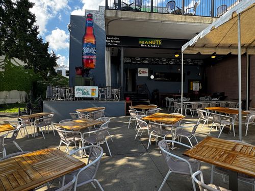 The shared outdoor patio near Cookie Dough Creations, steps from the Riverwalk