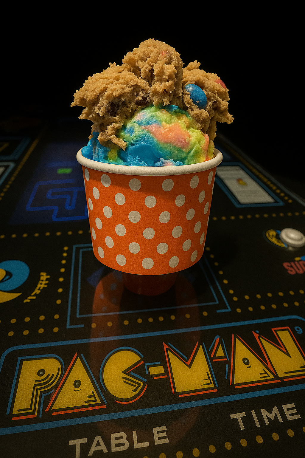 A cup of edible cookie dough and ice cream on the Pac-Man arcade table at Cookie Dough Creations