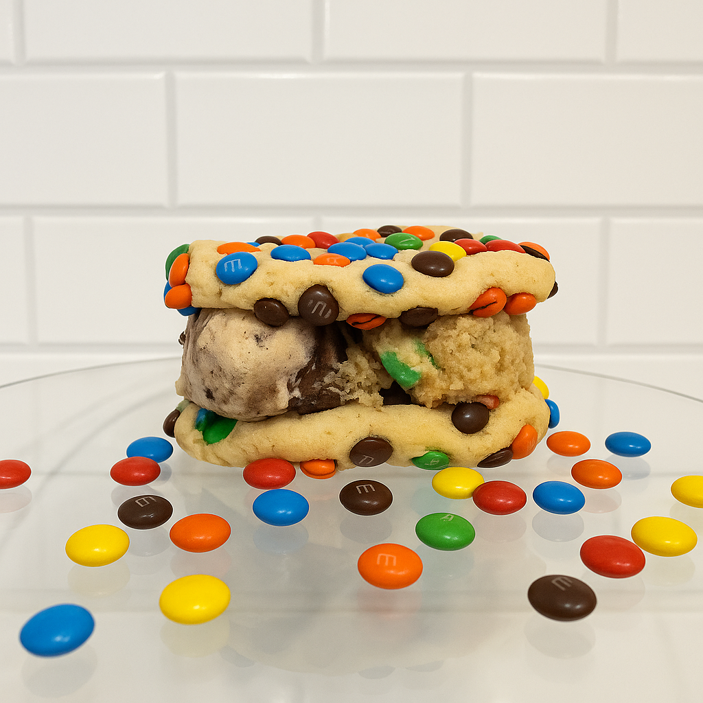 An M&M cookie ice cream and cookie dough sandwich at Cookie Dough Creations