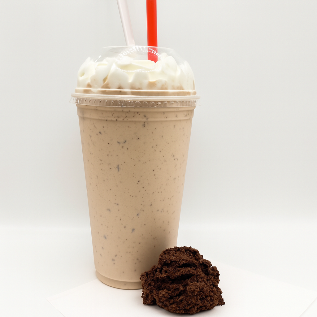 A cookie dough milkshake topped with whipped cream, next to a scoop of cookie dough