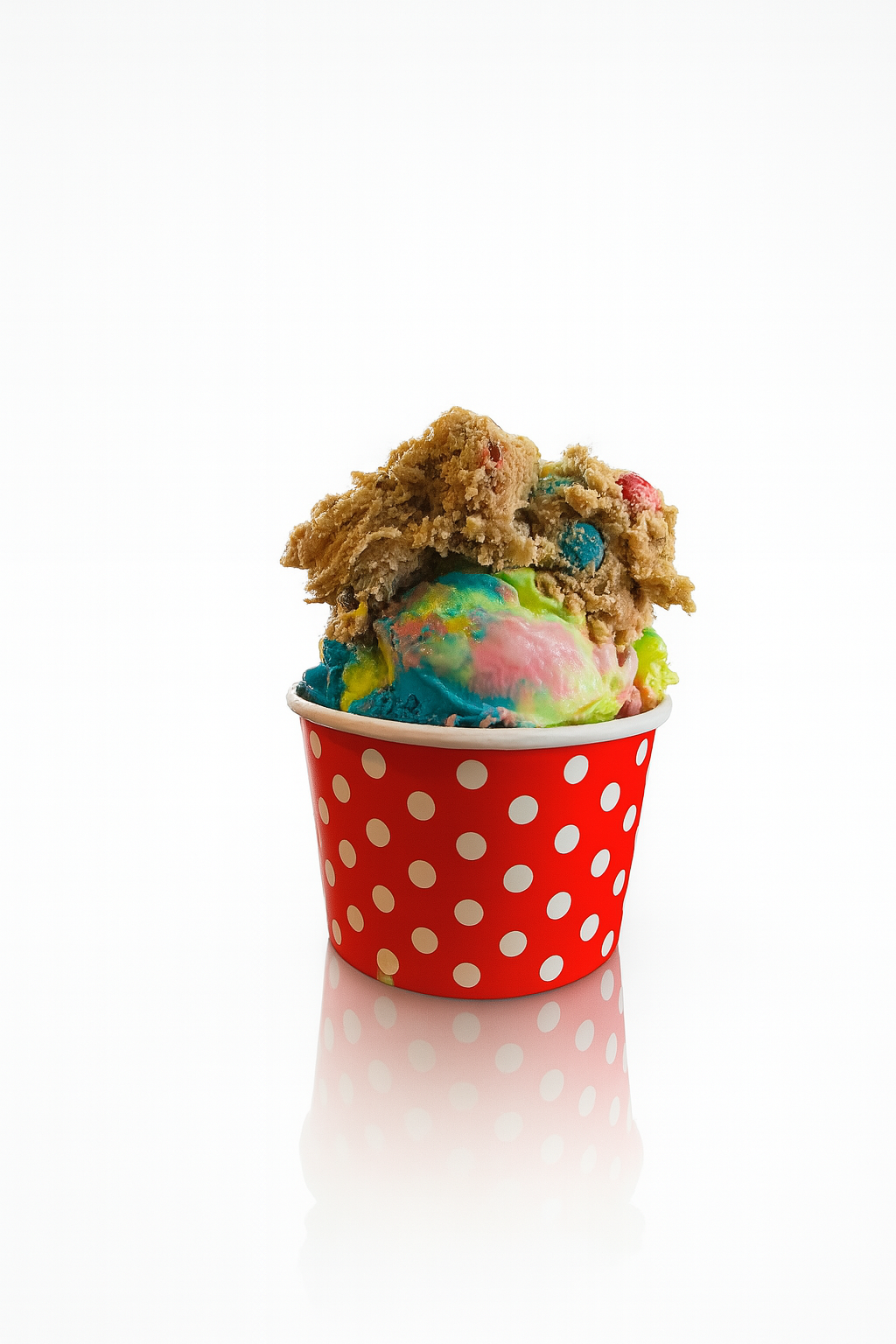 A cup of Superman ice cream topped with a scoop of M&M edible cookie dough