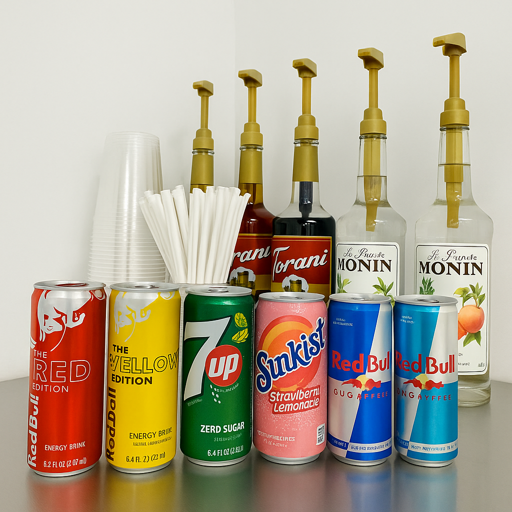 Red Bull cans and flavor syrup bottles on the drink-mixing shelf at Cookie Dough Creations