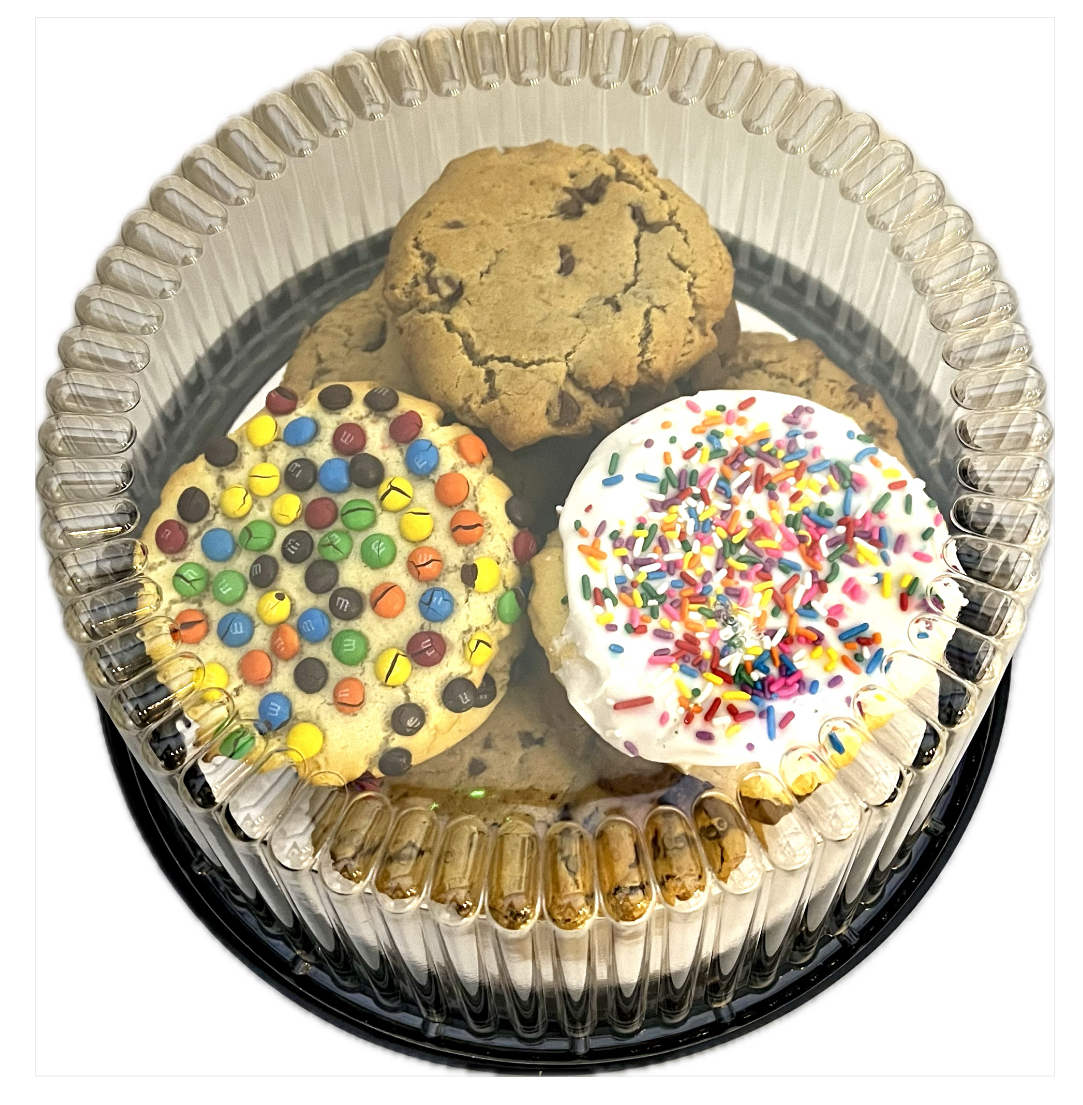 A tray of chocolate chip, M&M and frosted sprinkle cookies