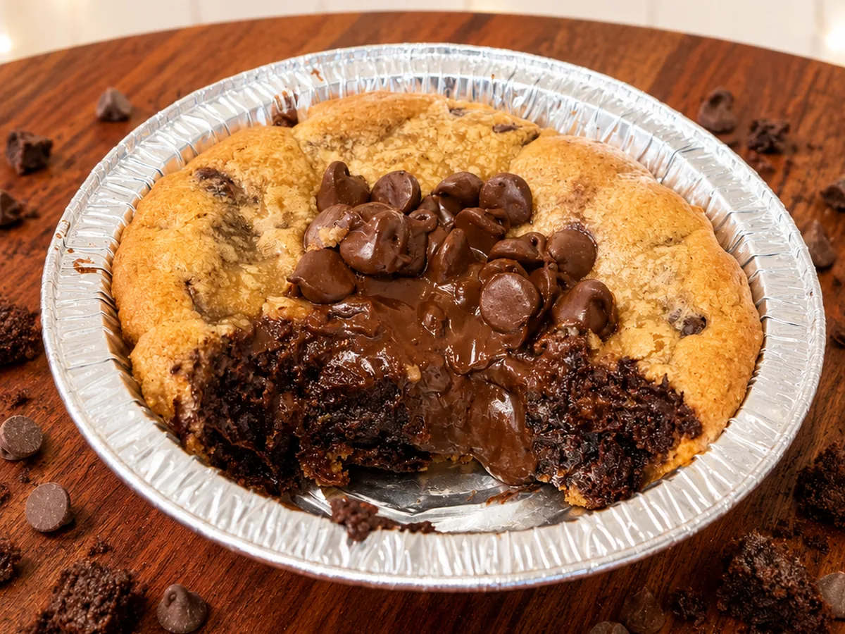 A baked Chocolate Overload Cookie Pie in its foil tin, opened to show the molten fudge brownie center under a mound of chocolate chips