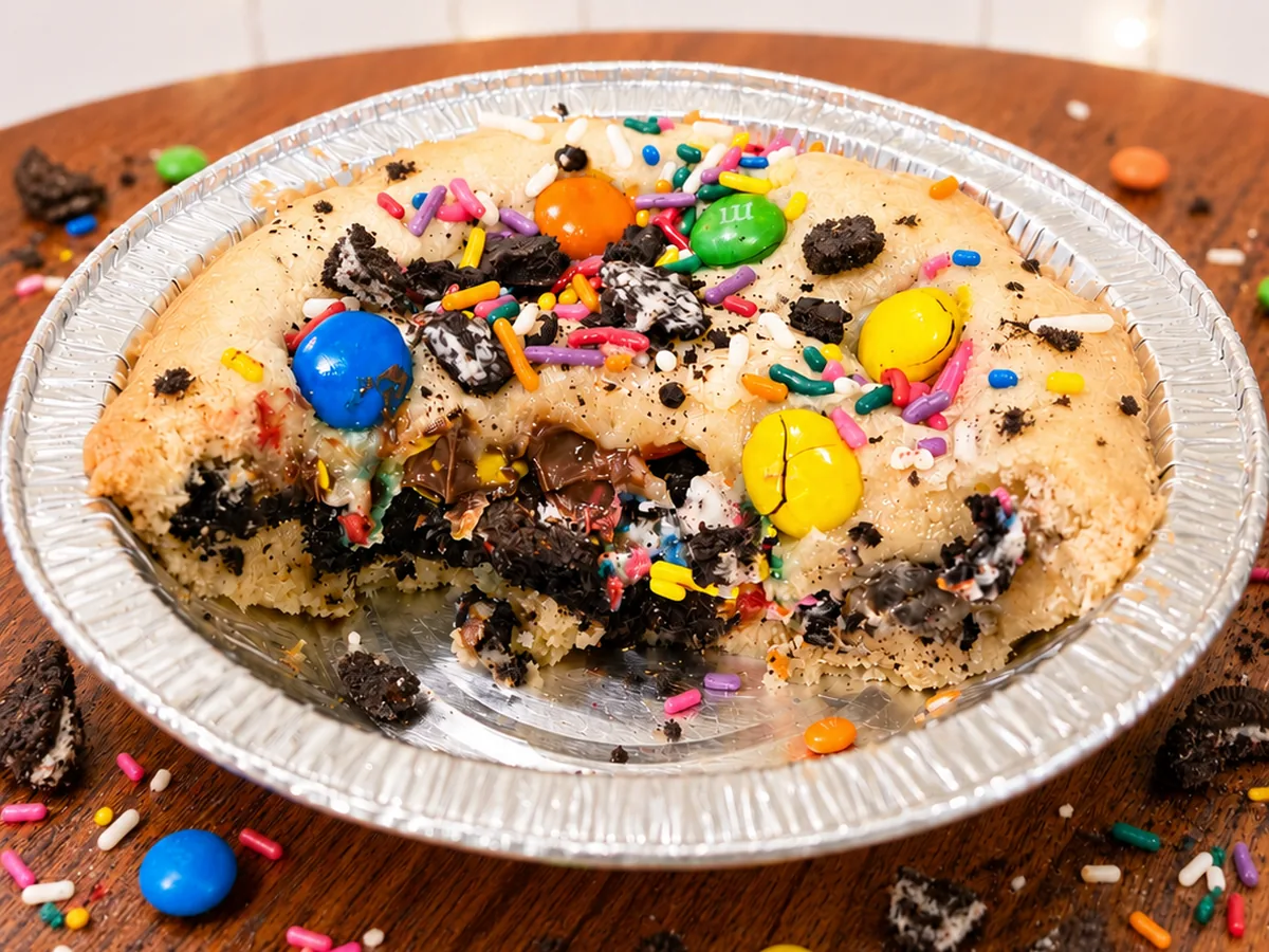 A baked Cookie Monster Cookie Pie in its foil tin, topped with M&M's, crushed Oreo cookies and rainbow sprinkles